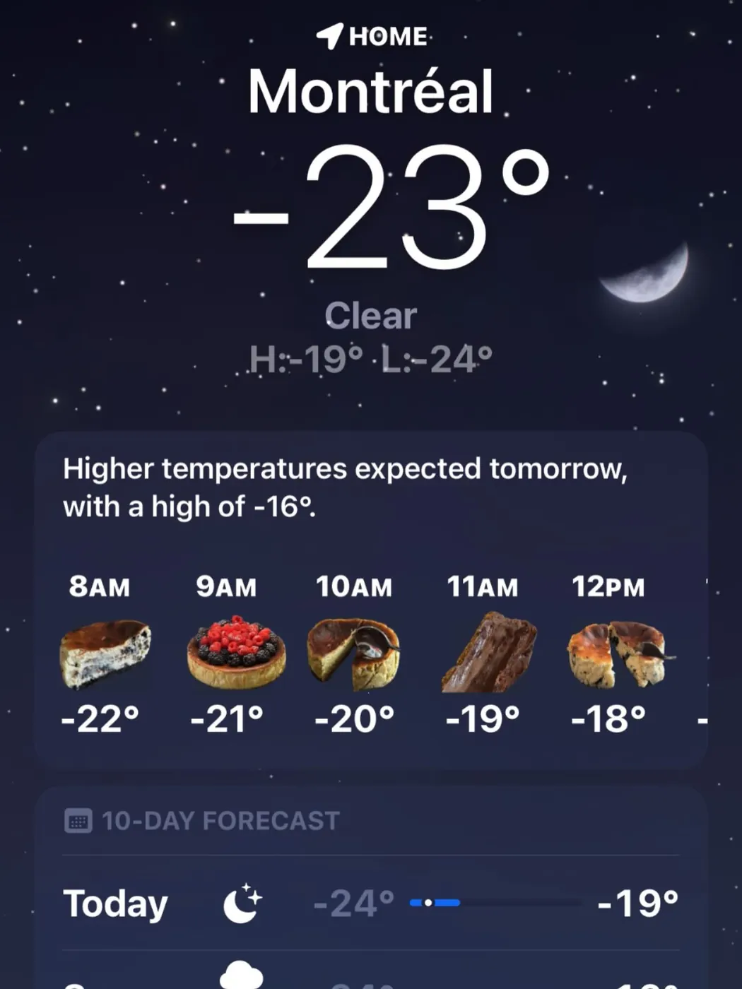 A phone weather screen for Montréal at minus 23 degrees, with tartza slices in place of the hourly icons